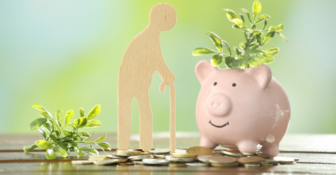 Icoontje van een oude man waar muntgeld op de grond ligt en er een spaarvarken staat met een groene tak erin